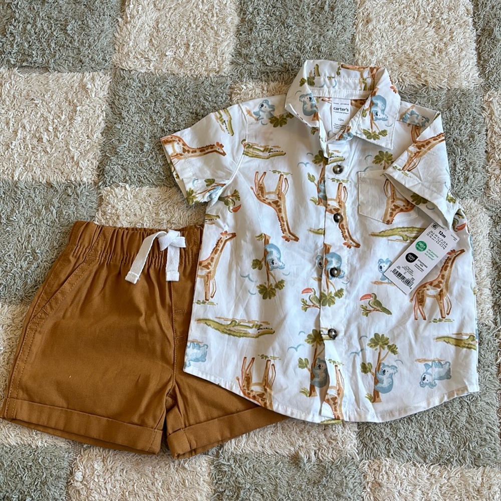 Carters 12m safari button up shirt and shorts set